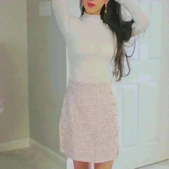 Baby Pink Plaid Button Detail Slit Hem Tweed Skirt - Picture 2 of 5